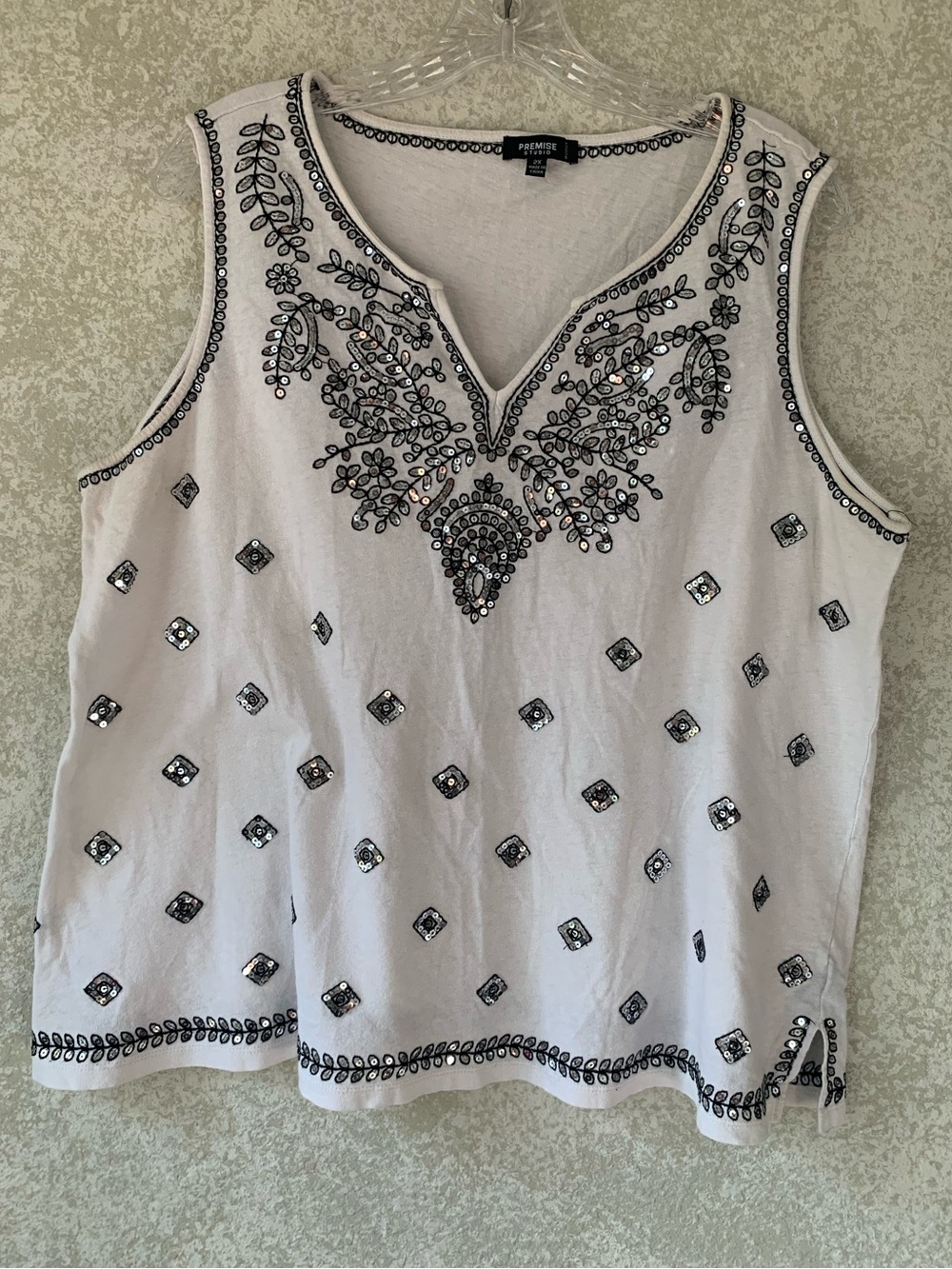 Premise Studio White Linen Blend Embroidered Sequin Tank Top Plus 2X